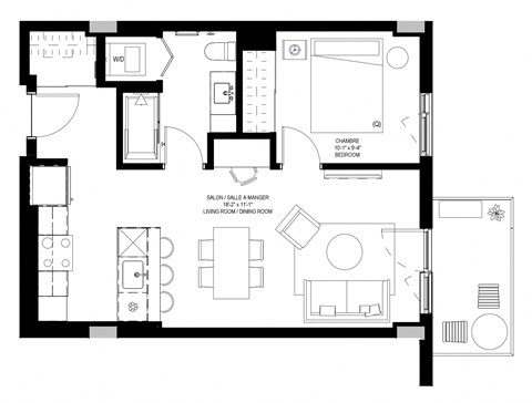 Floor plan for 1 bed, 1 bath, 610 sqft